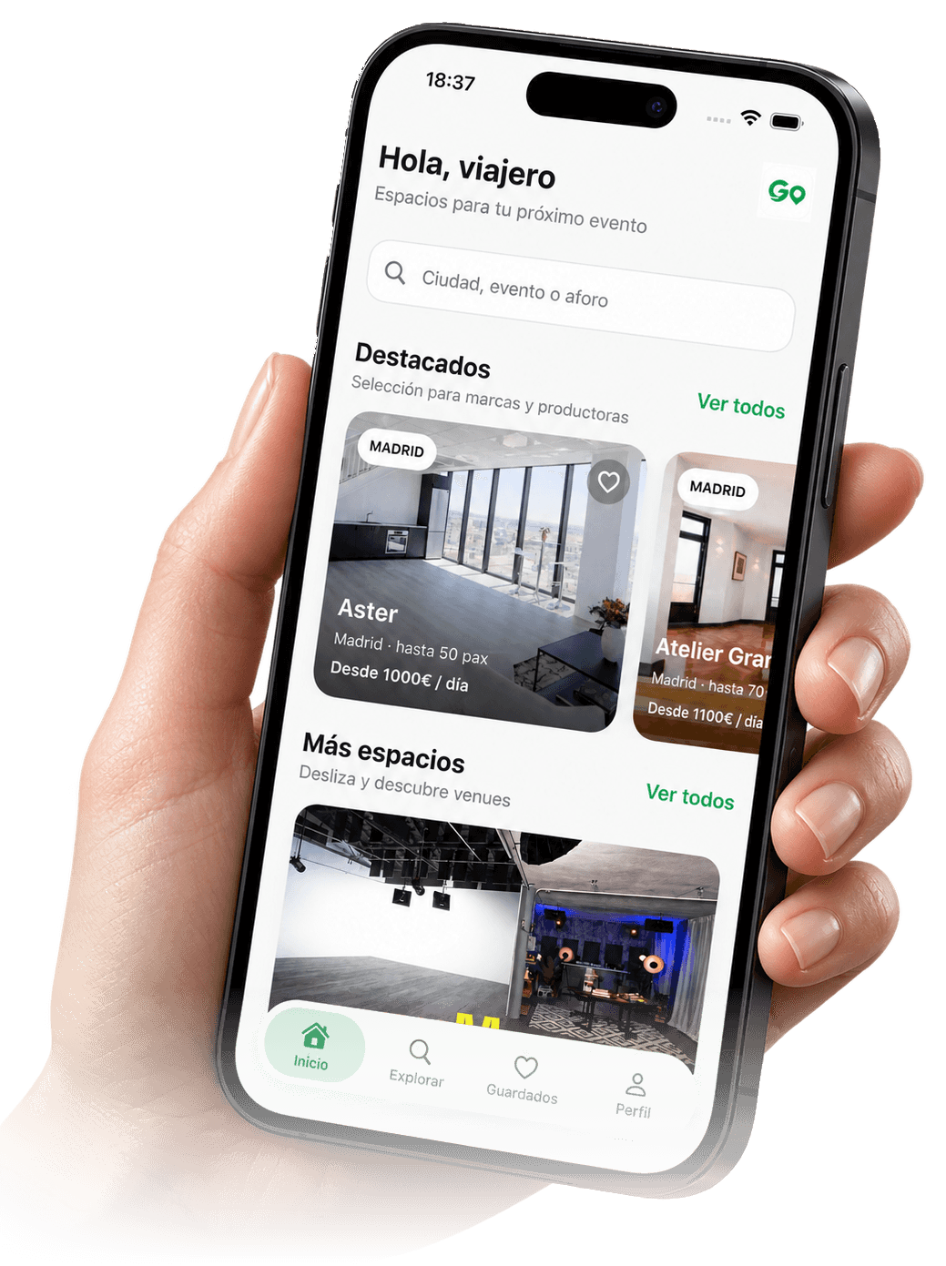 Mano sosteniendo la app Go Place